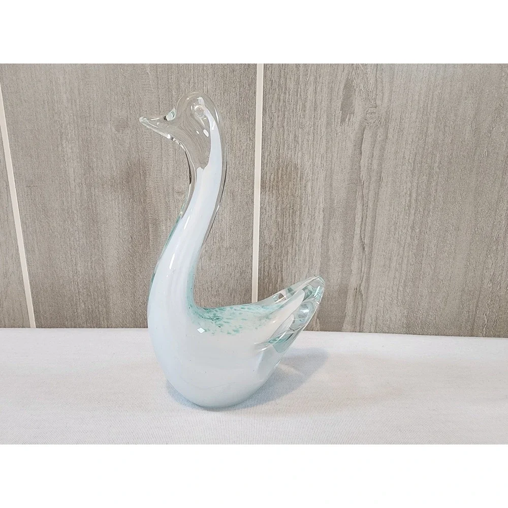 Murano Style Art Glass Swan Figurine White Turquoise Hand Blown Glass Decor